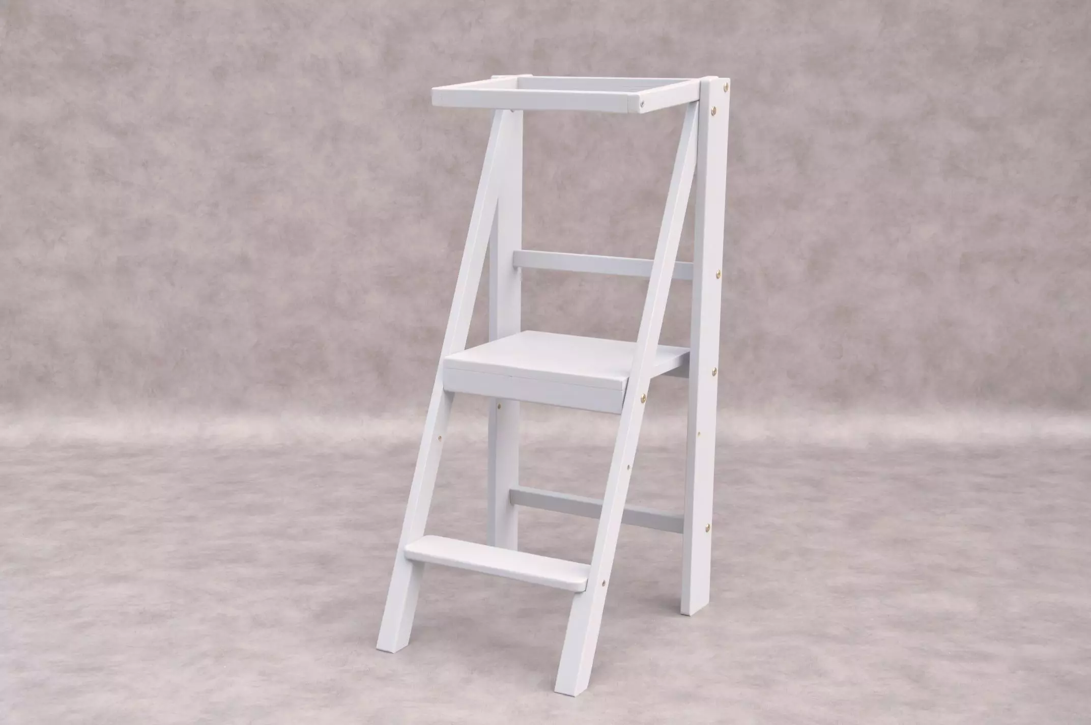 Slim Grå foldbart læringstårn i moderne grå køkken med rustfrit stål og træbordplade