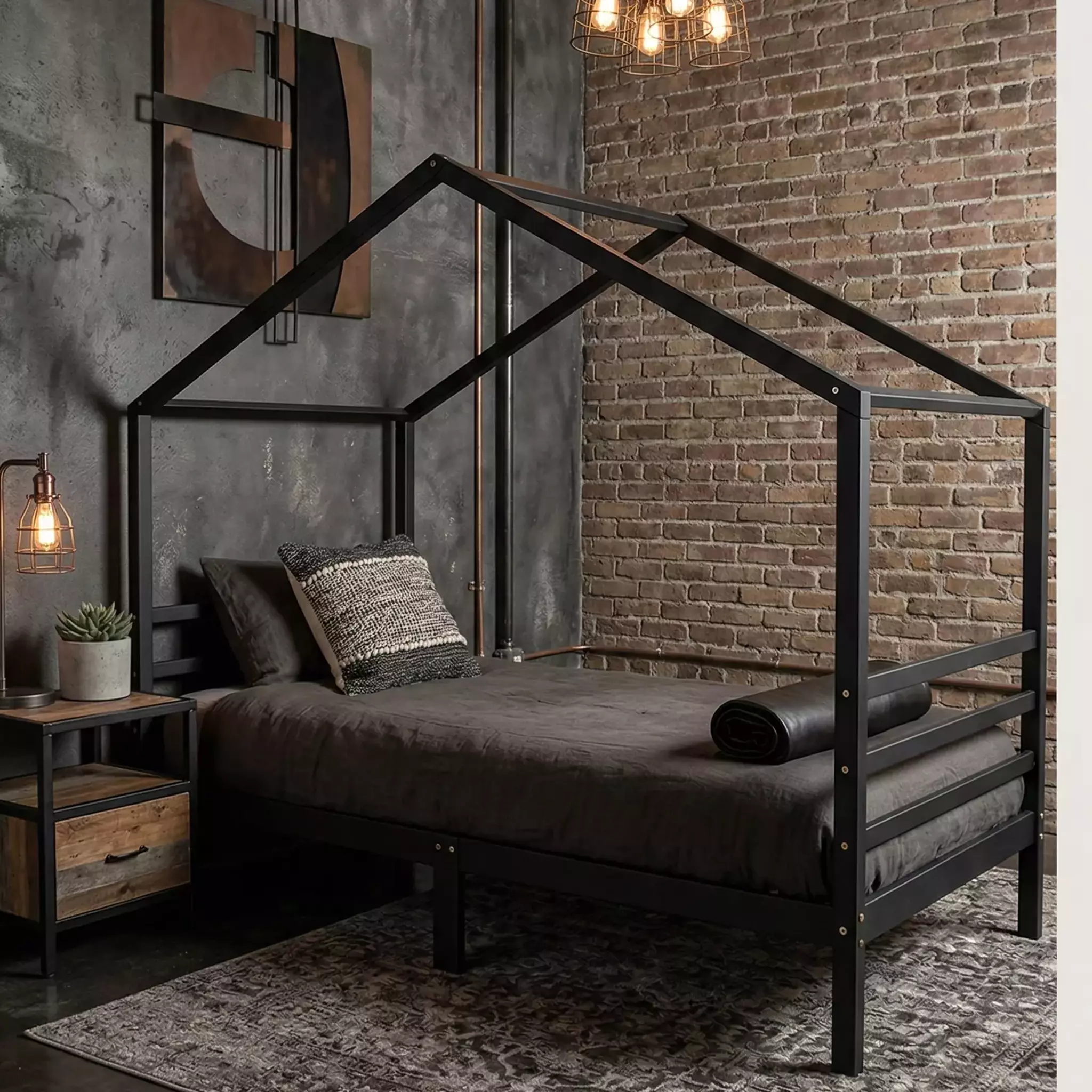 Sort husseng 90x200 i massivt træ med arkitektonisk sengeramme og industrielt udtryk til junior- og teenageværelse
